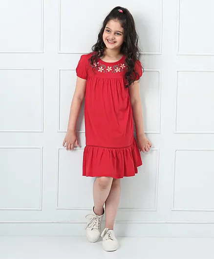 Hola Bonita Half Sleeves Printed Knit Dress Floral Embroidered - Red