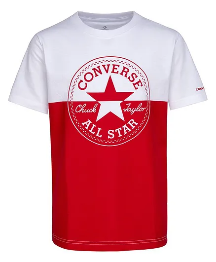 Converse Half Sleeves Colour Block Logo Print Tee - White & Red