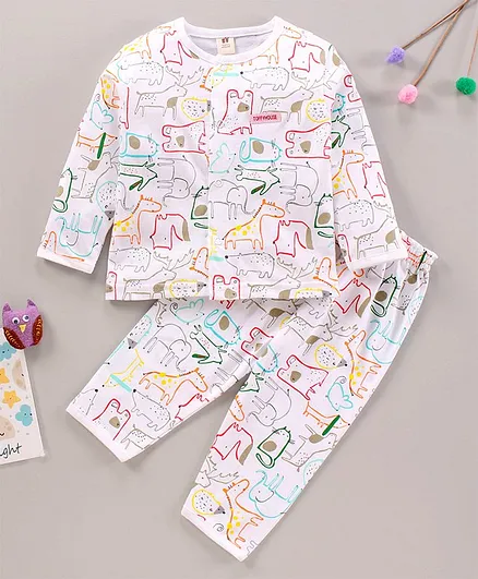 ToffyHouse Full Sleeves Pyjama Set All Over Print - White