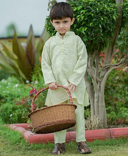 Fairies Forever Full Sleeves Floral Embroidered Kurta With Pajama - Lemon Green
