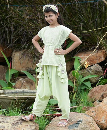 Fairies Forever Half Sleeves Embroidered Top With Harem Pants - Mint Green