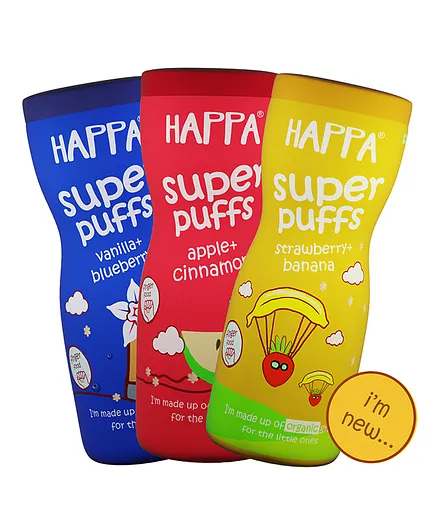Happa Multigrain Melts Super Puffs Apple Cinamonn Vanilla Blueberry Strawberry Banana Flavour Pack of 3 - 40 gm Each
