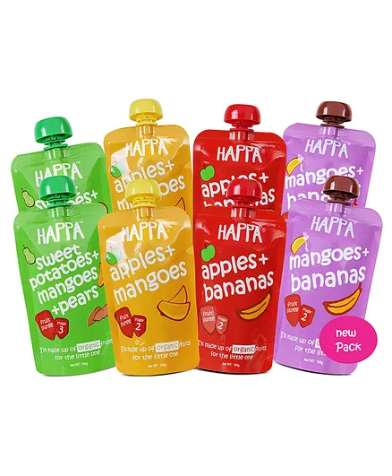 Happa Organic Kids Food Fruit Puree Pack of 8 - 100 gm Each