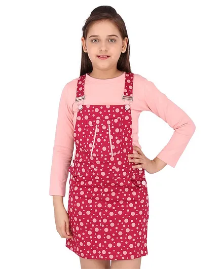 Cutecumber Full Sleeves Tee With Floral Print Dungaree Style Dress - Red