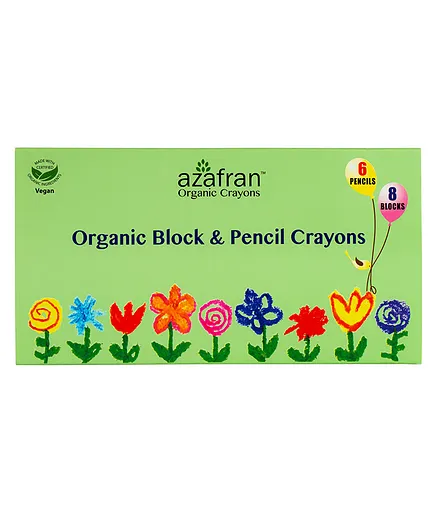 Azafran Organic Block & Pencil Crayons 6 Shades & 8 Blocks- Multicolour