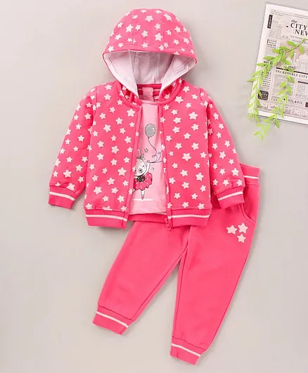 Babyhug Half Sleeves Tee and Lounge Pant Set with Hooded Jacket Star Print - Pink