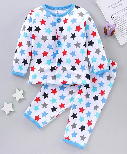 Child World Full Sleeves Night Suit Star Print - Blue White