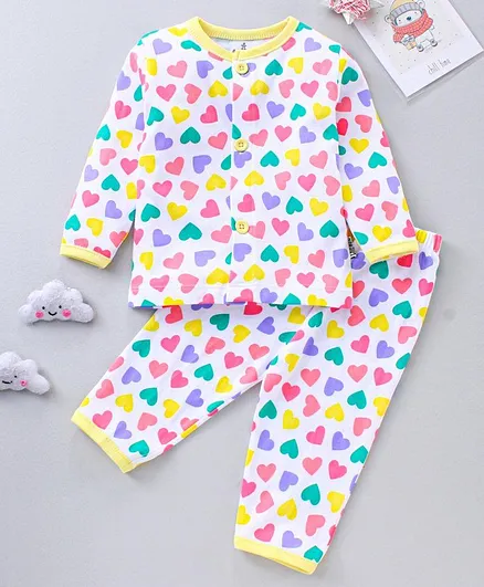 Child World Full Sleeves Night Suit Heart Print - Multicolor