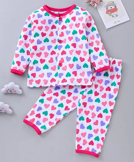 Child World Full Sleeves Night Suit Heart Print - Multicolor