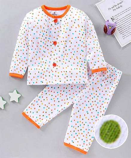 Child World Full Sleeves Night Suit Polka Dot Print - Orange