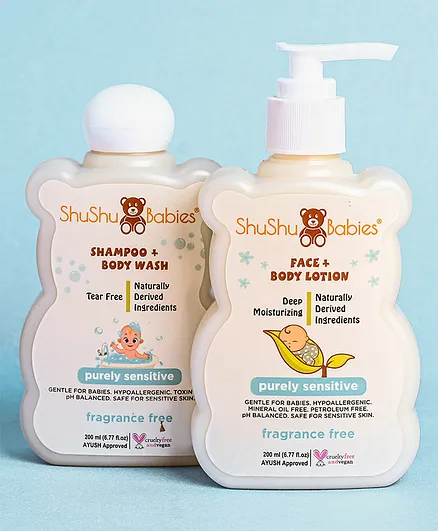 Shushu Babies Natural Fragrance Free Shampoo & Lotion Combo Set Pack of 2 - 200 ml Each