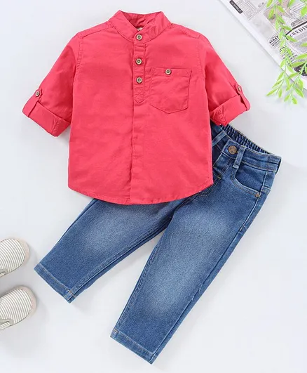 Babyhug Full Sleeves Shirt and Jeans Set Solid Color - Pink Blue