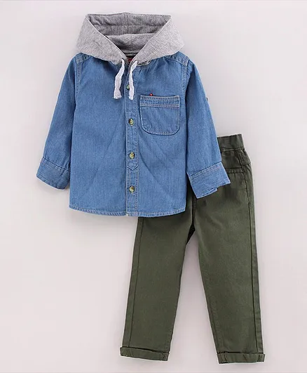 Babyhug Full Sleeves Hooded Denim Shirt & Jeans - Blue Olive Green