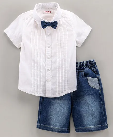 Babyhug Party Wear Half Sleeves Shirt & Denim Shorts With Bow - White Dark Blue
