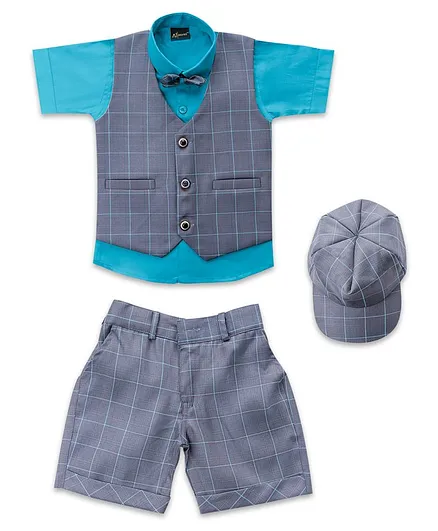 AJ Dezines Half Sleeves Shirt With Checked Waistcoat & Shorts With Cap - Turquoise Blue