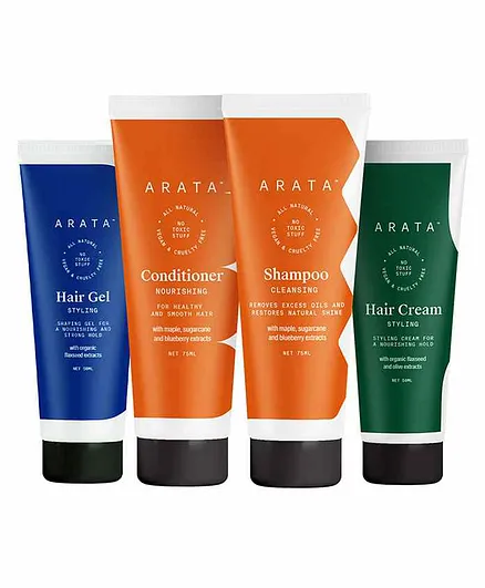 Arata Natural Hair Care Essentials With Cleansing Shampoo Conditioner Hair Gel & Hair Cream Pack of 4 - 75 ml, 75 ml, 50 ml, 50 ml Online in India, Buy at Best Price from - 9756951 Arata Natural Hair Care Essentials With Cleansing Shampoo Conditioner Hair Gel & Hair Cream Pack of 4 - 75 ml, 75 ml, 50 ml, 50 ml Online in India, Buy at Best Price from - 9756951