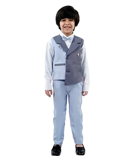 Alles Marche Full Sleeves Shirt With Pants & Dual Shaded Waistcoat With Bow Tie - Blue