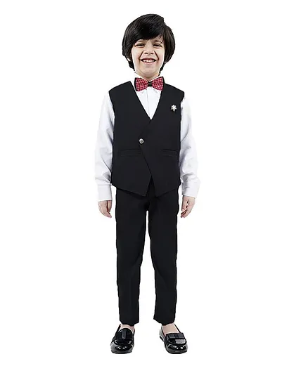 Alles Marche 3 Piece Solid Full Sleeves Party Suit With Waistcoat Trousers And Bow Tie - Black