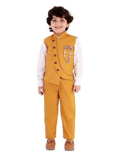 Alles Marche Full Sleeves Shirt With Brooch Embellished Waistcoat & Trousers - Yellow