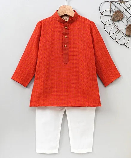 Little Aryan Full Sleeves Kurta Pajama Set - Orange