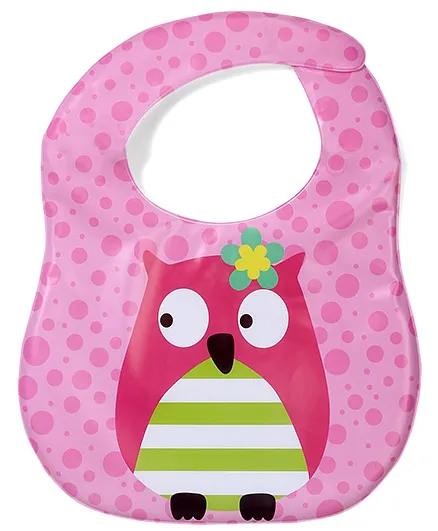 Ladybug Feeding Bib With Pocket Owl Design - Pink