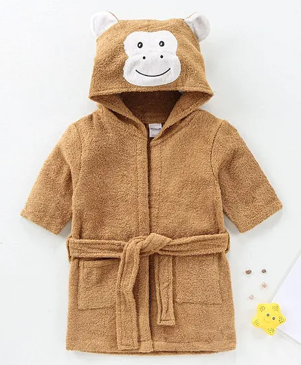 Wonderchild Full Sleeves Monkey Theme Hooded Bath Robe - Brown
