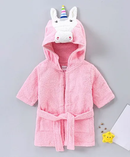 Wonderchild Full Sleeves Unicorn Theme Bath Robe - Light Pink