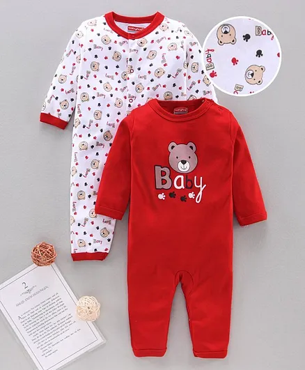 Babyhug Full Sleeves Bear Printed 100% Cotton Rompers Set of 2 - Red White