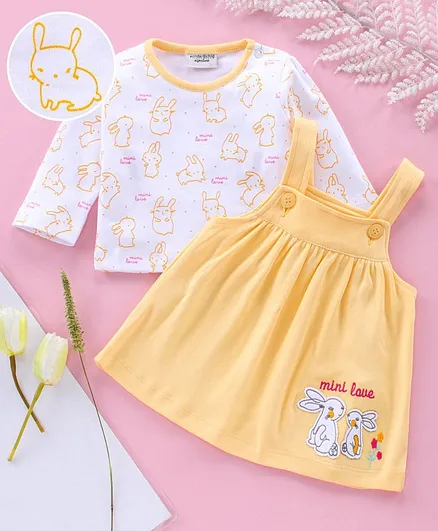 Wonderchild Full Sleeves Bunny Print Top With Dungaree Style Dress - Yellow