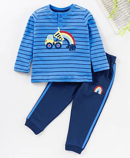 Babyhug Full Sleeves Stripe T-Shirt & Track Pant Construction Vehicle Print - Light & Navy Blue