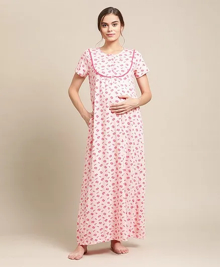 Bella Mama Half Sleeves Maternity Nighty Floral Print - Pink