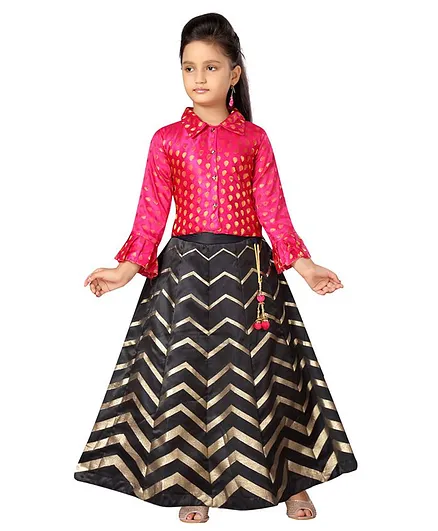 Aarika Full Sleeves Leaves Print Choli With Lehenga - Pink & Black