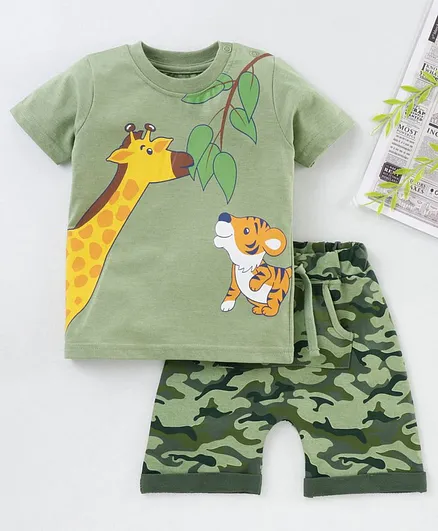 Babyhug Half Sleeves T-Shirt & Shorts Giraffe Graphic - Green