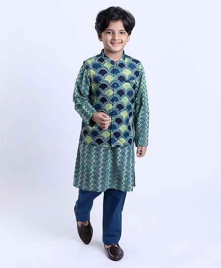 Pine Kids Full Sleeves Chevron Kurta & Pyjama With Printed Jacket - Blue