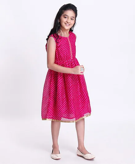 Pine Kids Sleeveless Printed Ethnic Dress with Cotton Lining - Pink