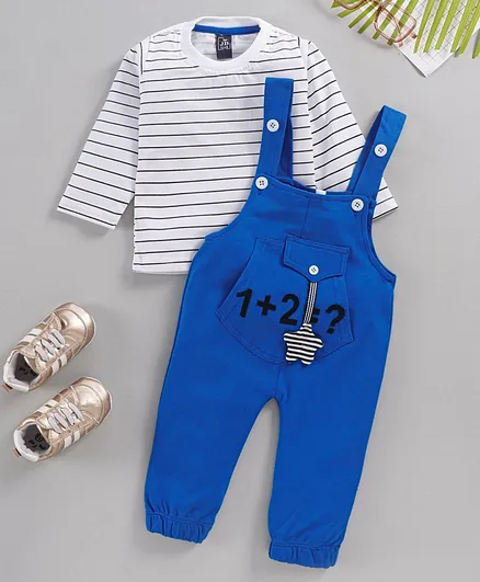 Jb Club Full Sleeves Striped Tee With Dungaree - Blue