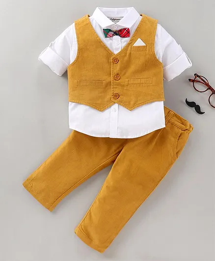 ToffyHouse Full Sleeves Solid Shirt and Pants Set with Waistcoat - Mustard