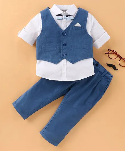 ToffyHouse Full Sleeves Solid Shirt and Pants Set with Waistcoat - Deep Blue