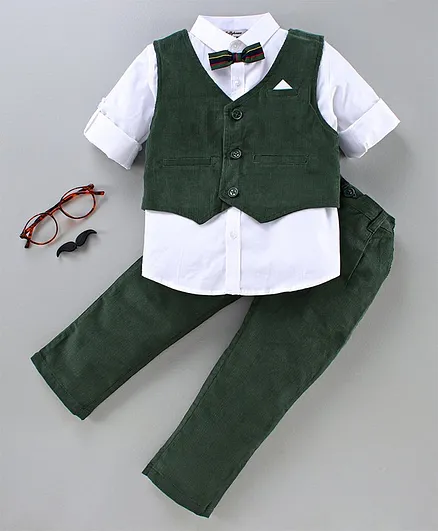 ToffyHouse Full Sleeves Solid Shirt and Pants Set with Waistcoat - Olive Green