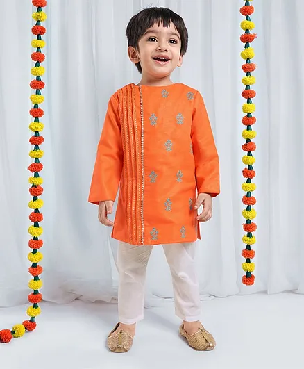 Babyoye Cotton Full Sleeves Embroidered Kurta & Pyjama - Orange White