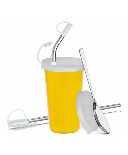 Falcon Stainless Steel Straw Tumbler With Accessories Yellow - 370 ml