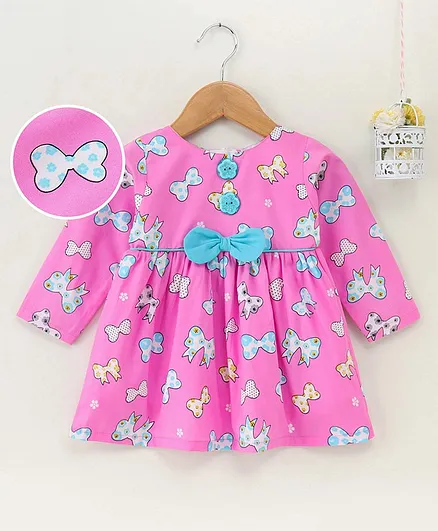 Yellow Duck Full Sleeves Bow Printed Frock - Pink