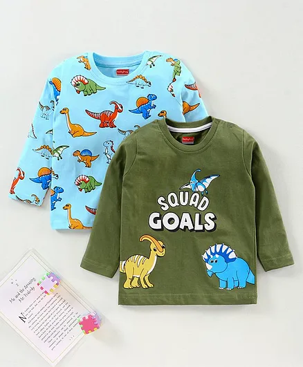 Babyhug Full Sleeves Tee Dino Print Pack of 2  - Green Blue