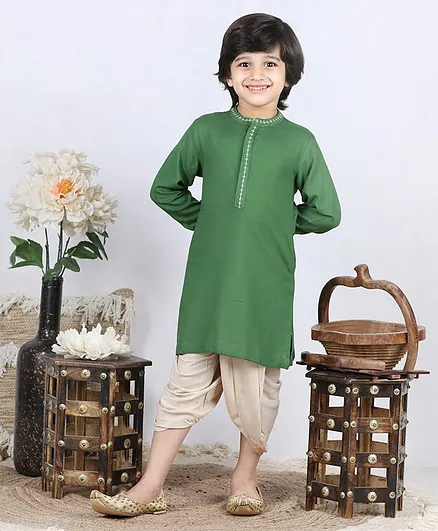 Babyhug Full Sleeves Kurta Dhoti Set with Embroidered Placket - Olive Cream