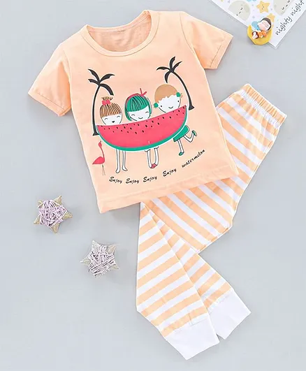 The Boo Boo Club  Soft Cotton Half Sleeves Watermelon Print Tee With Striped Pajama - Peach