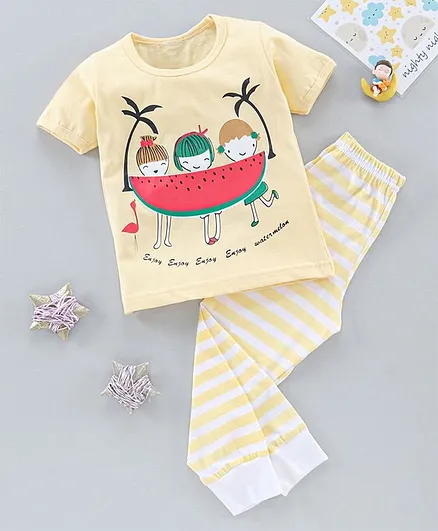 The Boo Boo Club  Soft Cotton Half Sleeves Watermelon Print Tee With Striped Pajama - Yellow
