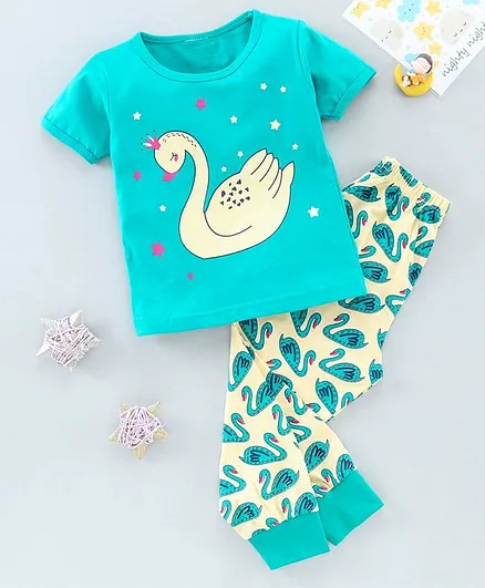The Boo Boo Club  Soft Cotton Half Sleeves Swan Print Tee With Pajama - Green