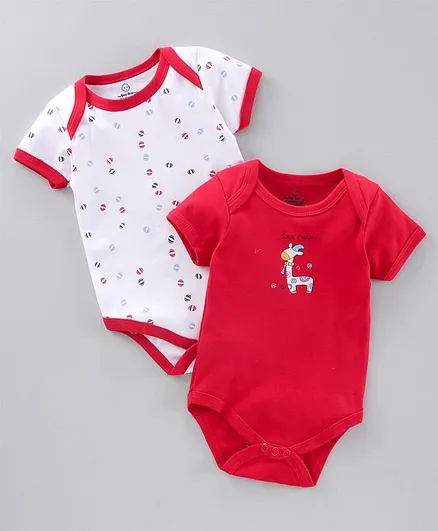 The Boo Boo Club Soft Cotton Half Sleeves Pack Of 2 Animal Print Onesies - Red