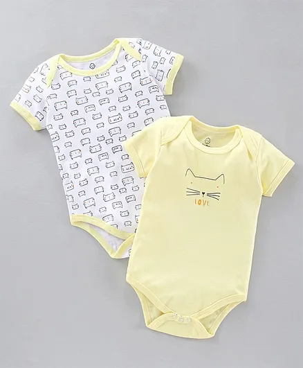 The Boo Boo Club Soft Cotton Pack Of 2 Half Sleeves Cat Print Onesies - Yellow
