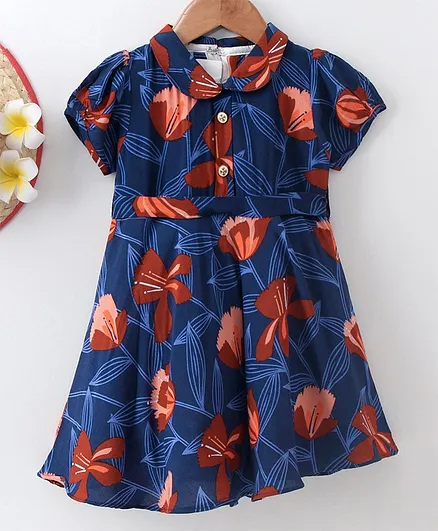 Rassha Short Sleeves All Over Flower Print Dress - Blue